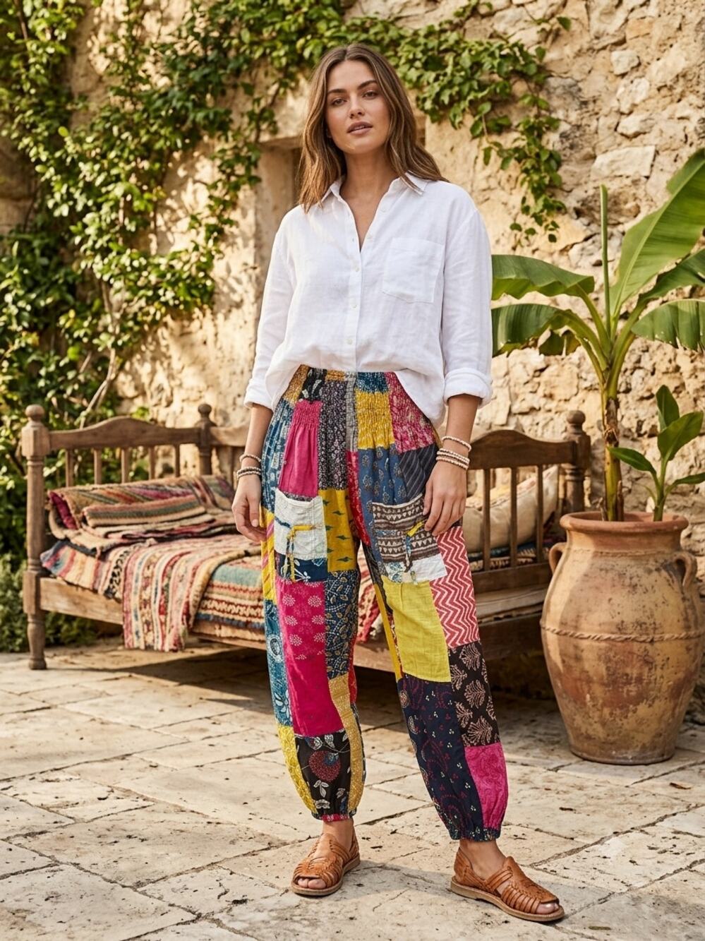 Vintage Henna Patchwork Harem Pants Bohemian Smocked Cotton Hippie One Size